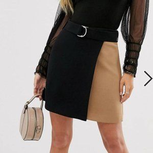 Mango Black and Tan Belted Wrap Skirt